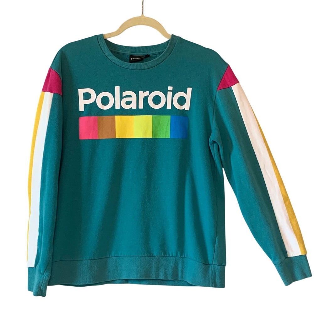 Polaroid Teal Crewneck Sweatshirt Rainbow Color Block Stripe Women's Medium